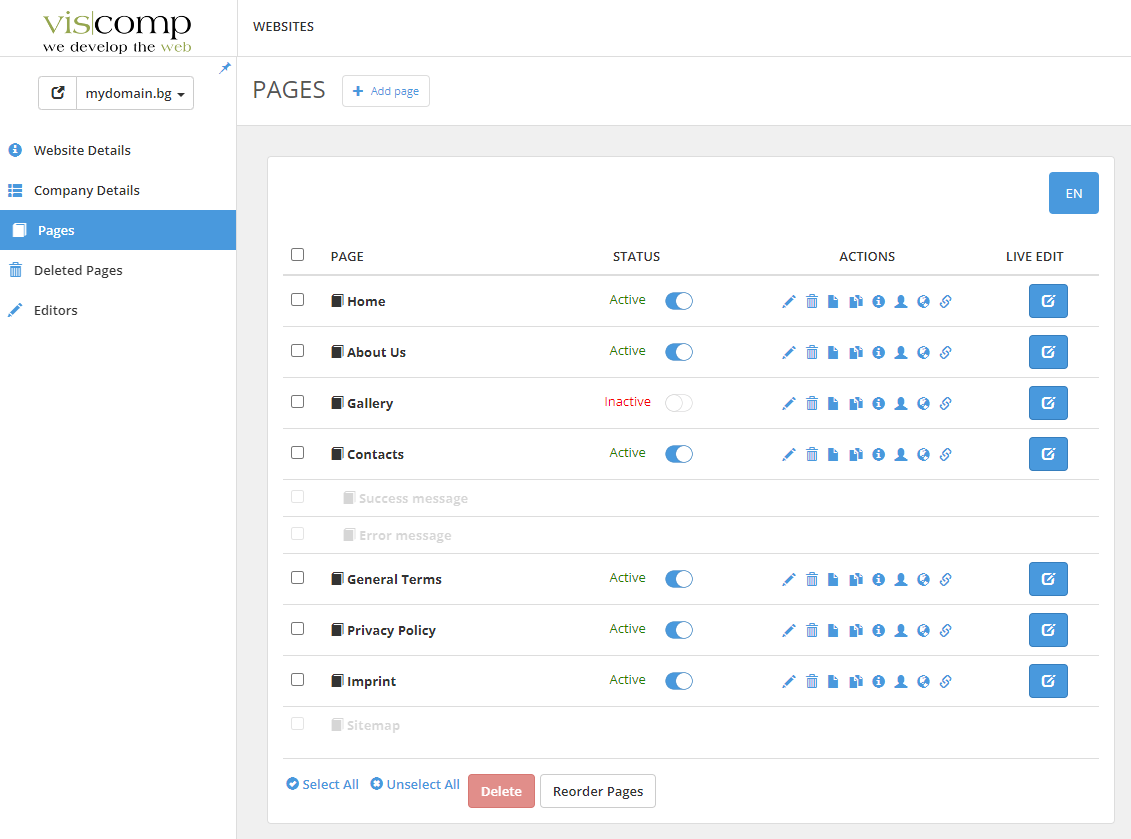 example of inactive status of a page